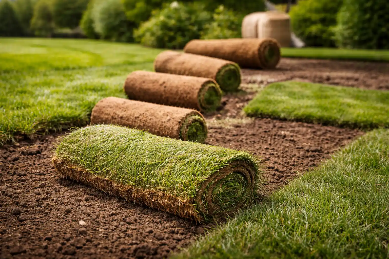 Fresh sod rolls being installed on a prepared lawn in Utica, NY